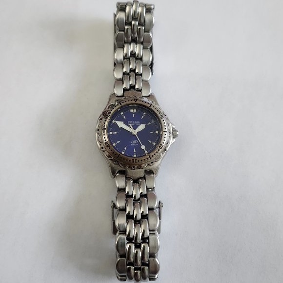 Fossil AM-3099 Steel Diver Blue Dial Wr50m Rotating Bezel Women's Watch - Picture 1 of 9